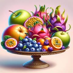 美味しそうなフルーツの盛り合わせのイラスト。青リンゴ,林檎,ブルーベリー,ドラゴンフルーツ,パッションフルーツ,オレンジ