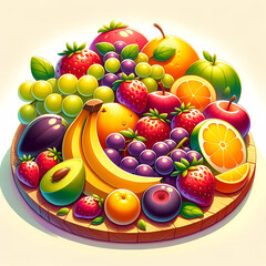 美味しそうなフルーツの盛り合わせのイラスト。イチゴ,ぶどう,バナナ,オレンジ,りんご,グレープフルーツ,キウイ