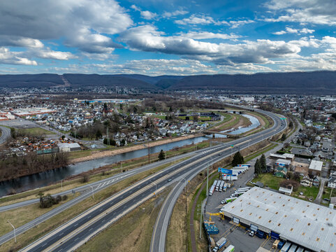 Williamsport, PA, USA - 03-17-2024 - Cloudy winter - spring aerial image of the surrounding area of the home of the little league world series in Williamsport Pennsylvania. 