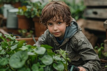 Young boy with wet curly hair kneels among green plants, wearing a rain jacket, with water droplets visible on his clothes