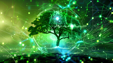 A green forest with a tree in the center. The tree is surrounded by a circle of green leaves