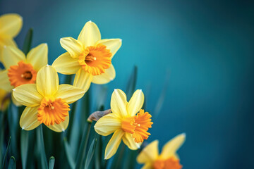 Vibrant yellow daffodils blooming in lush green grass under a clear blue sky, captivating spring nature scene
