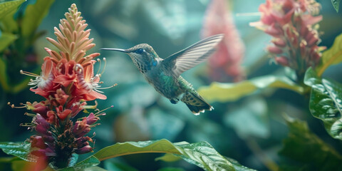 Obraz premium Beautiful hummingbird hovers over flower in lush green field with leaves and flowers in background
