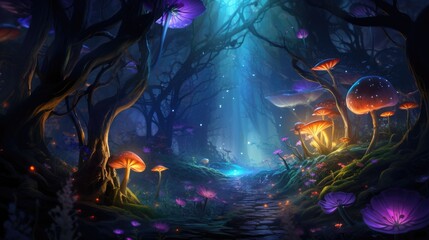 Enchanted forest path with luminous mushrooms and mystical atmosphere. Fantasy landscape. - obrazy, fototapety, plakaty