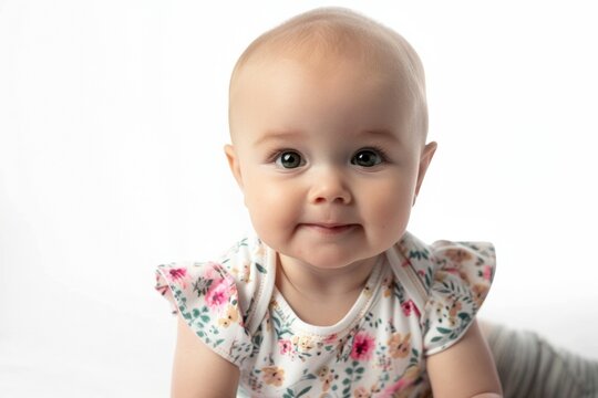 A baby wearing floral shirt is smiling at the camera