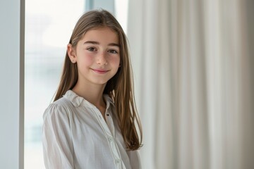 A young girl is smiling and wearing a white shirt