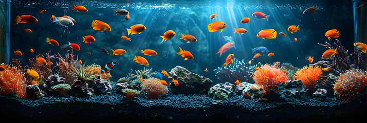 Fototapeta na wymiar A large aquarium teeming with vibrant and divers, A group of fish swimming in water 