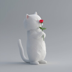 A charming white  fluffy kitten stands on its hind legs and holds a red rose in its hands. Funny cute character for Valentine's Day greeting card, mother's day, women's day, birthday.