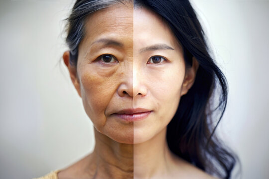 Aging process in an Asian woman portrait - This composition contrasts the youthful and aged sides of an Asian woman's face, illustrating the beauty and challenges of aging
