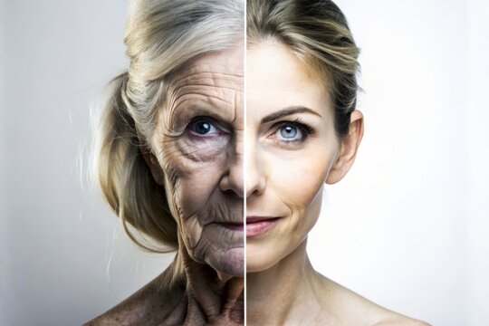 Contrasting young and old female faces - Half of the image shows a young woman's face, while the other half shows the same woman aged, depicting the contrast of youth and old age