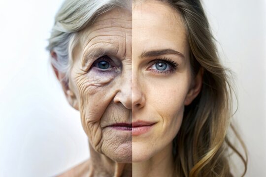 Split-face portrayal of young and old woman - This composite image merges the faces of a young and an elderly woman, depicting youth and aging side by side, symbolizing the passage of time