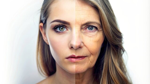 Half young half aged woman's face close-up - A photograph visually contrasting the younger and older halves of a woman's face, highlighting the changes with age