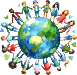 Watercolor Earth Day Clipart. Eco-Friendly, Sustainable Design Elements for Projects. Conscious Celebrating Conservation Awareness. Green and Environmentally Friendly Themes. A Family Around The Earth