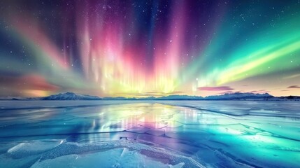 A breathtaking aurora borealis display over a vast, frozen lake. The ice reflects the vibrant colors of the sky, with shades of green, purple, and blue dancing  - obrazy, fototapety, plakaty