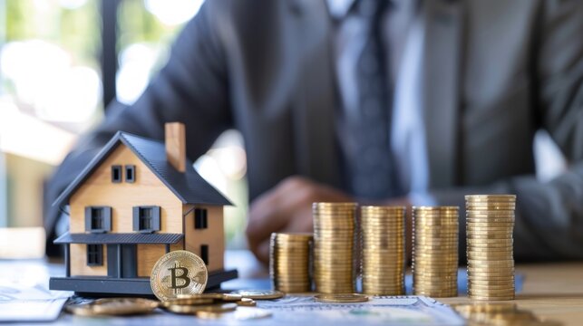 A businessman holding a coin in his hand ponders the concept of wealth and financial security as he looks at a house model, representing the potential 