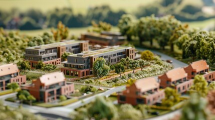 A complex next to a protected green belt, with mini construction scenes showing the careful development respecting environmental regulations  - obrazy, fototapety, plakaty