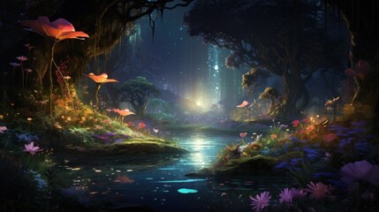 Enchanted forest scene with magical glowing light and flowers. Fantasy landscape.