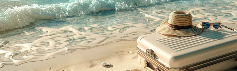 A suitcase, a sun hat and a camera against the background of the sea surf. Beautiful tropical beach with sunrise sky. Horizontal vacation travel banner with place for text.