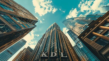 Naklejka premium cityscape with a blue sky and a building with the word financial on it