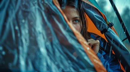 A woman peeks out from her tent startled by the sudden crash of thunder and pounding rain that has disrupted her peaceful camping trip and left her scrambling to protect her - obrazy, fototapety, plakaty