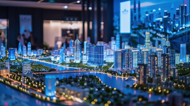 A futuristic space where urban developers and investors can engage with interactive models of upcoming projects, smart city solutions, 