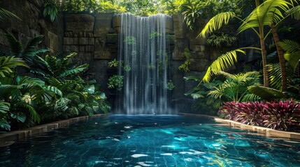A hidden oasis in the heart of a dense rainforest, featuring a majestic waterfall cascading into a crystal-