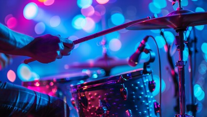 A musician is performing on stage, playing drums in front of a microphone. The stage is lit with...