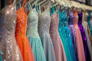 A row of vibrant prom dresses made of aqua, magenta, and electric blue textiles with intricate patterns, displayed on a rack in a store