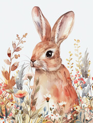 A watercolor illustration of a rabbit in a field of spring flowers.