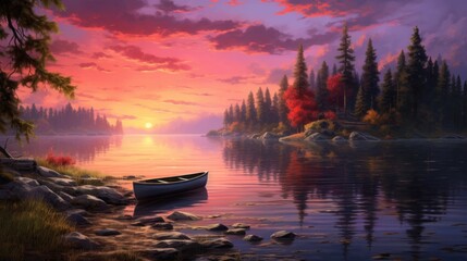 Serene lake landscape at sunset with canoe. Tranquil nature scene.