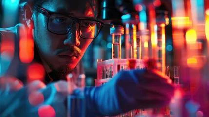 Fotobehang Scientist is deeply engaged in medical research, examining testing tubes and vials containing blood cells and a potential virus cure. Utilizing cutting-edge DNA genome sequencing biotechnology © Intelligent Horizons