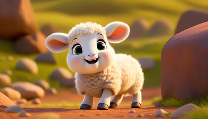 A cartoon sheep with a happy expression on its face
