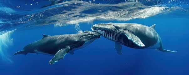 Naklejka premium An adult whale and a baby Humpback Whale are playing under the sea