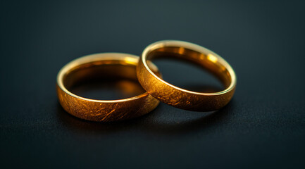 Obraz na płótnie Canvas A pair of gold wedding rings on a black leather matte texture platform