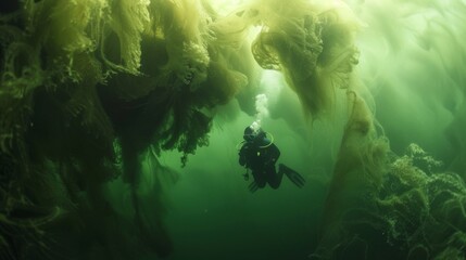 A murky ocean scene with dark shadowy water and a thick layer of green algae covering the surface. A diver in a protective suit swims through the green haze surrounded by - obrazy, fototapety, plakaty