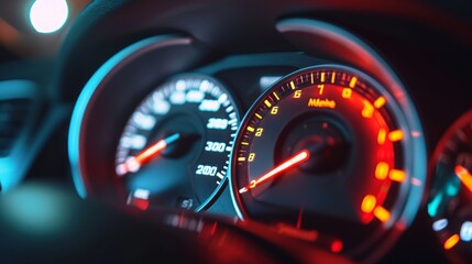 speedometer of a modern car shows a high driving speed.