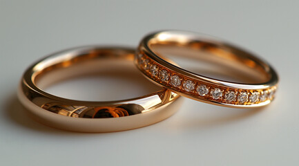 Pair of gold diamond wedding rings on white background