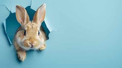Duplicate of previous image - Charming brown rabbit head popping out from a neatly ripped hole in a pastel blue paper, creating a cute peekaboo effect