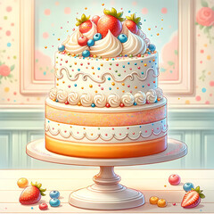 豪華なホールケーキのイラスト。お祝いの日に特別に用意する大きなケーキ。