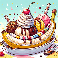 バナナとアイスクリームのスイーツデザートのイラスト。バナナの上にたくさんのアイスクリームとホイップクリームが乗っている