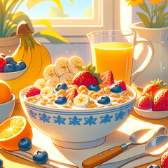 朝食のシリアルのイラスト。ボウルにシリアルやたくさんのフルーツと牛乳が入っている