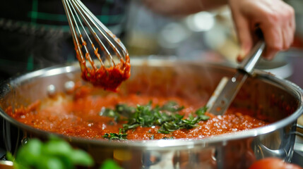 A person is vigorously stirring a pot of food using a whisk.