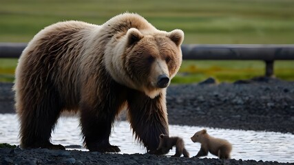 Obraz premium Mother grizzly bear with two tiny cubs walking along a shallow riverbed, nurturing and protective