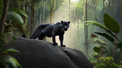 Foto op Canvas Black Panther on a rock © TaimOor
