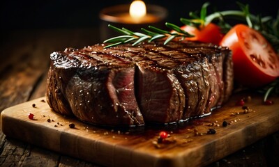 grilled beef steak, medium rare steak on wooden board, selected focus