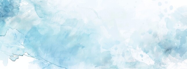 Delicate shades of cerulean and sky blue blend with artistic splatters in this expansive watercolor banner background.