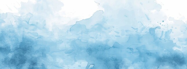 Ethereal light blue watercolor landscape unfurls in this banner, dotted with spontaneous splatters and brushwork. - obrazy, fototapety, plakaty