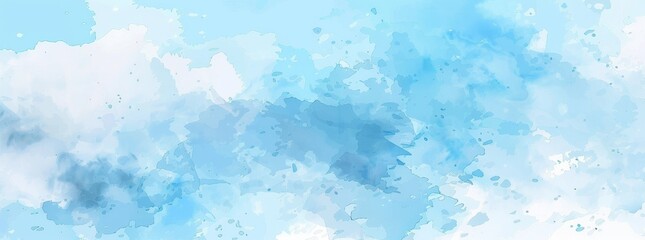 Delicate shades of cerulean and sky blue blend with artistic splatters in this expansive watercolor banner background.