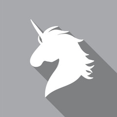 Unicorn head silhouette icon isolated on grey background. White shape of unicorn's head. Vector illustration.