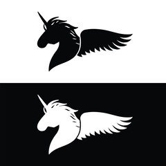 Unicorn head with wing logo design graphic concept. Vector illustration.